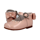 Andanines Girls Pearl Detail Back Bow Diamante Buckle Shoe in Pink Patent
